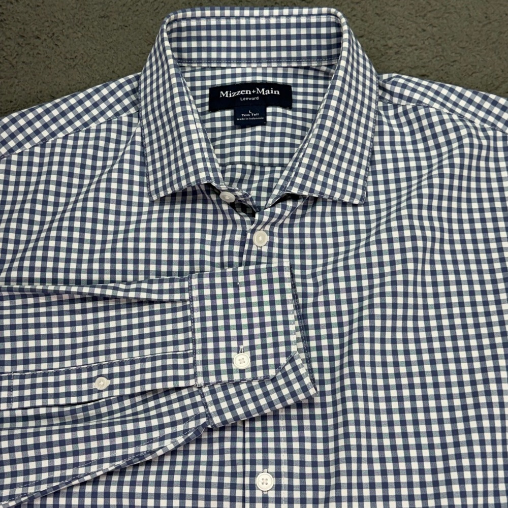 Mizzen+Main Leeward Shirt Mens L Trim Tall Blue Gingham Long Sleeve Button Down